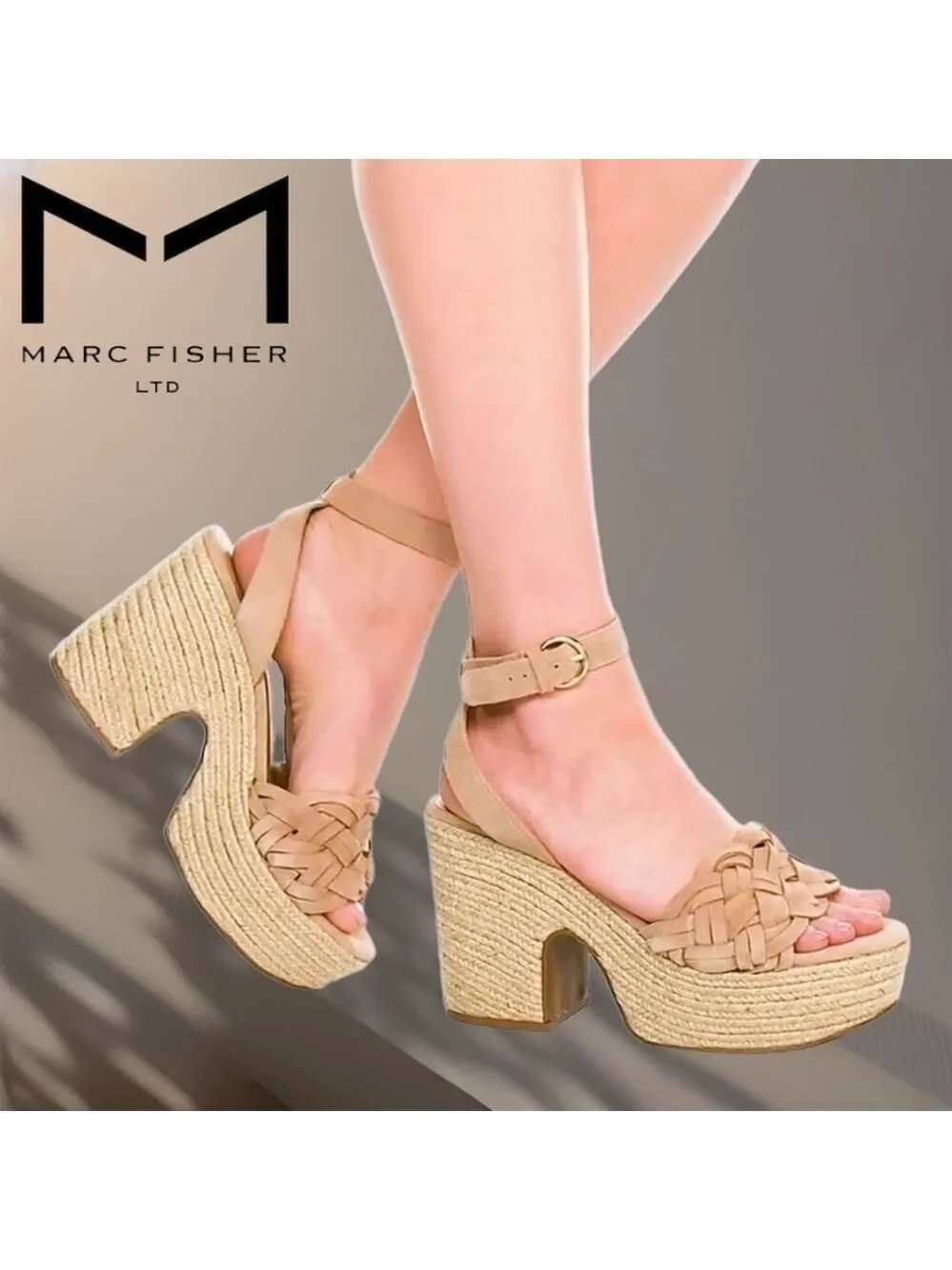 MARC FISHER Odilia Leather Upper Jute-Wrapped Platform Espadrille Wedge Sandals